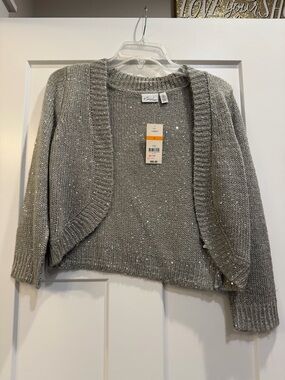 Kim Rogers Metallic Silver Sequin Cropped Open-Front Cardigan Sweater Shrug New
